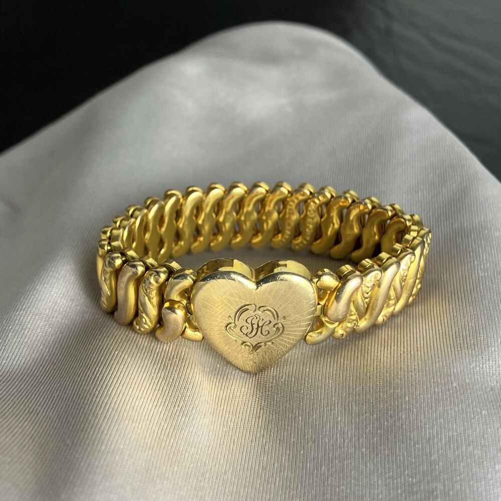 VTG WW2 American Queen Sweetheart Expansion Bracelet Gold‑Filled Heart Monogram